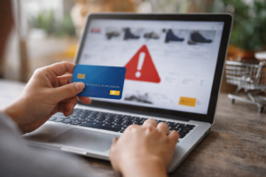 persona comprando en línea con tarjeta y advertencia de fraude en pantalla