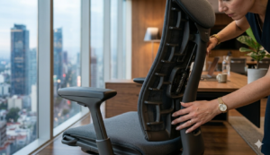 Persona ajustando soporte lumbar en silla ergonómica