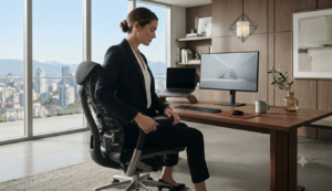 Persona ajustando el soporte lumbar de una silla ergonómica.