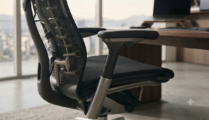 Detalle de los mecanismos ergonómicos de una silla de oficina.