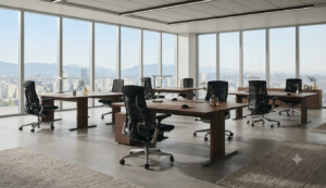 Oficina moderna equipada con mobiliario ergonómico.