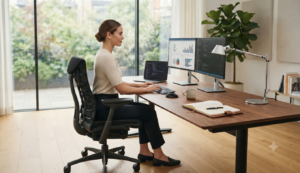 Profesional trabajando cómodamente en una silla ergonómica.